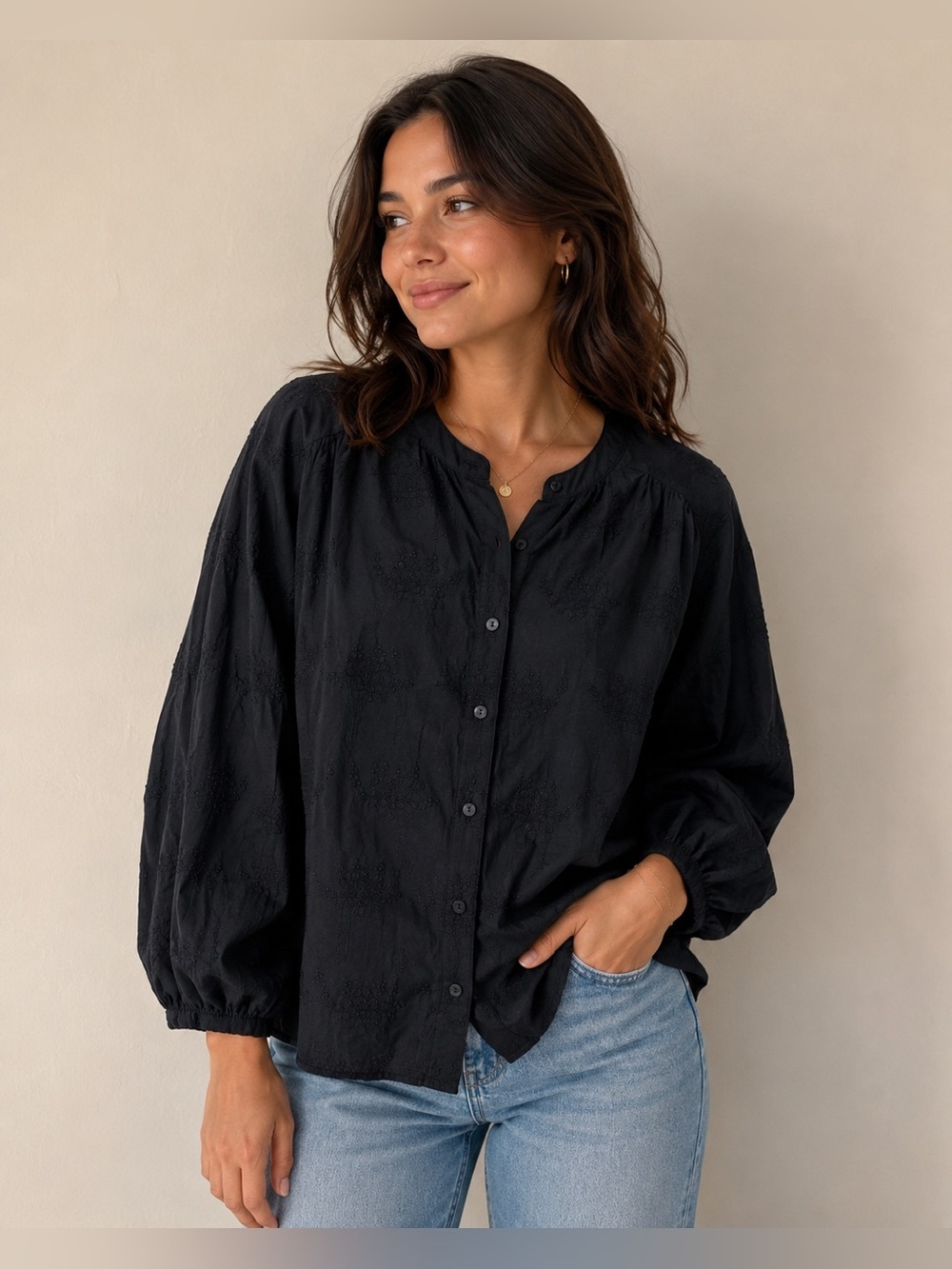 Calypso St. Barth Black Floral Embroidered Puff Sleeve Cotton Blouse Size M